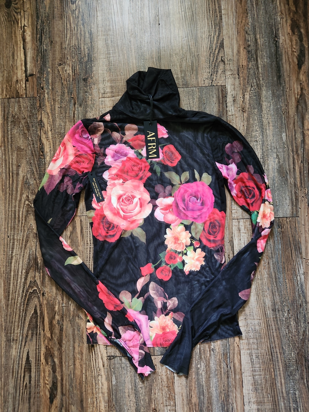 AFRM Black with Pink Rose Print Mesh Shirt